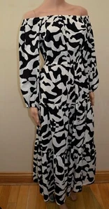 New M&S Collection Mono Print Cotton Bardot Midaxi Beach Dress Sz UK 10 12 - Picture 1 of 4