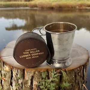 Vtg Miller Lumber Bend OR Advertising Silver Plate Collapsible Cup Gold Interior - Picture 1 of 14