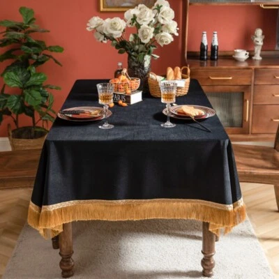 1X European Tasseled Velvet Tablecloth Square Dinner Table Cover Party Decor - Image 1 of 4