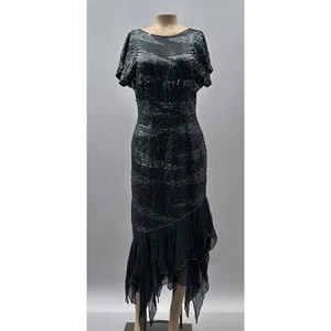 Oleg Cassini Vtg 80s Dress Women 4 Black Sequin Silk Midi Flapper Cocktail Party - Picture 1 of 10