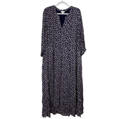 J. JILL LARGE TALL Floral Navy Blue MIDI Dress Long Sleeve V Neck Pockets RAYON - Image 1 of 4