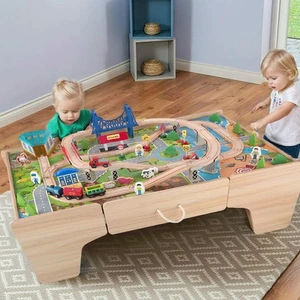 Kids Wooden Train Set Railway Activity Track Set Play Table with Storage Draw... - Picture 1 of 12