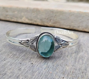 aquamarine Gemstone cuff bangles, 925 Sterling Silver handmade Bracelet - Picture 1 of 12