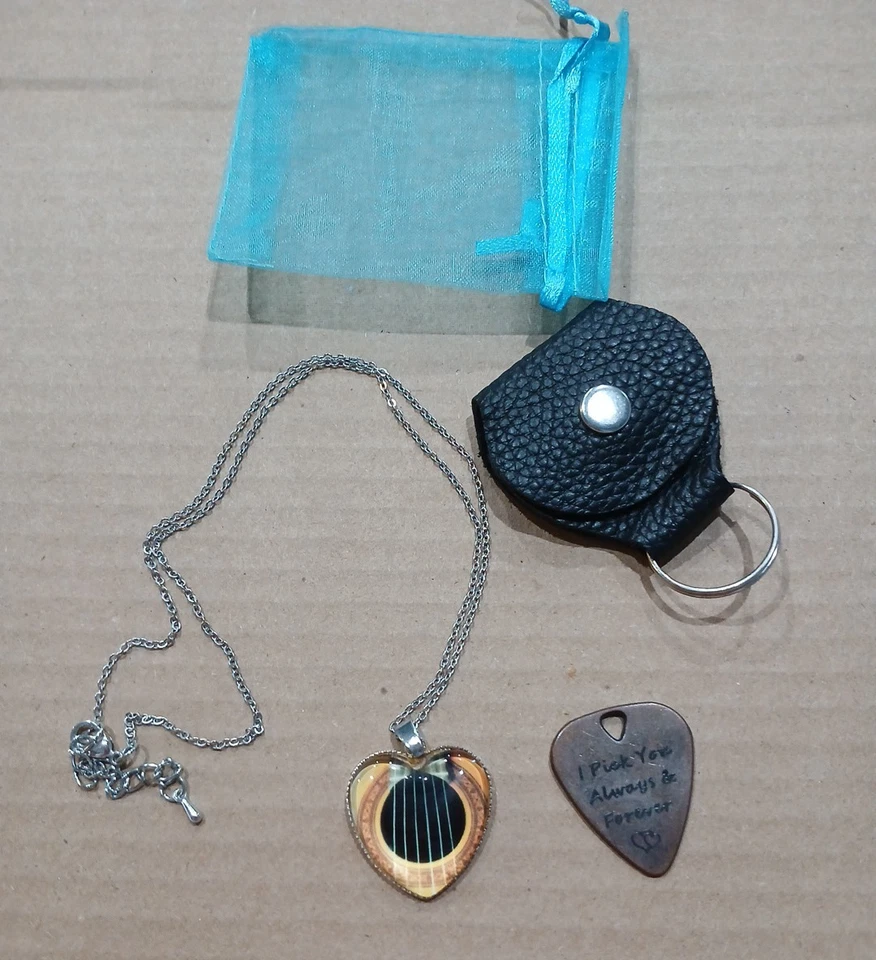 Guitar Pick Heart Necklace And Charm Leather Pouch I Pick You Always And Forever - Image 1 of 4