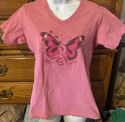 Women’s T-shirt S Pink Ribbon Butterfly Short Sleeves Breast Cancer Awareness  - Image 1 of 4