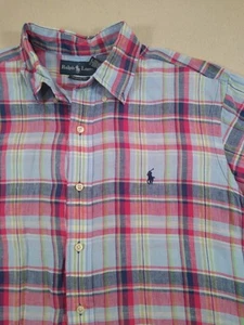 Vintage Ralph Lauren Linen Shirt Men's L Blue Red Plaid Camp Short Sleeve Pony - Picture 1 of 10