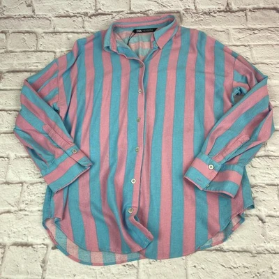 Camisa Zara Mujer Mediana Rosa Azul Rayas Abotonada Manga Larga Pastel Foto 1 de 4