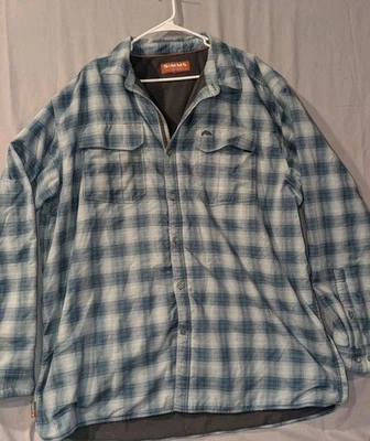 Simms Coldweather Shirt Men 2XL Blue Gray Plaid Flannel Waffle Fleece Lined Fish - Image 1 of 4