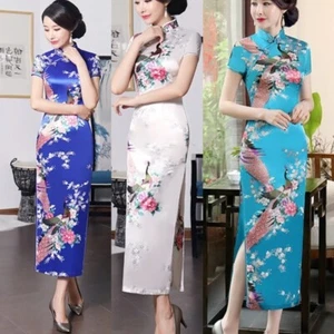 Lady Chinese Cheongsam Faux Silk Stain Dress Oriental Ball Gowns Long Qipao Sexy - Picture 1 of 21
