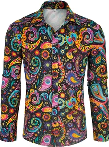 Men'S 70S Disco Shirt Paisley 1970S Casual Top Retro Floral Long Sleeved Button  - Picture 1 of 12