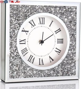 Desk Clock Wall Clock 8x8x2Inch Crushed Diamond Mirrored Clock Crystal Silver - Picture 1 of 7