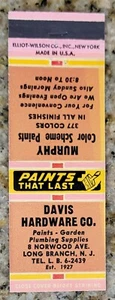 Matchcover Long Branch New Jersey Davis Hardware Paints Plumbing - Picture 1 of 3