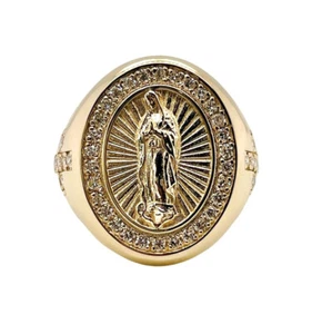 Mens 14k Solid Yellow Gold 0.75 Ct Natural Round Diamond Virgin Mary Ring 13.1Gr - Picture 1 of 8