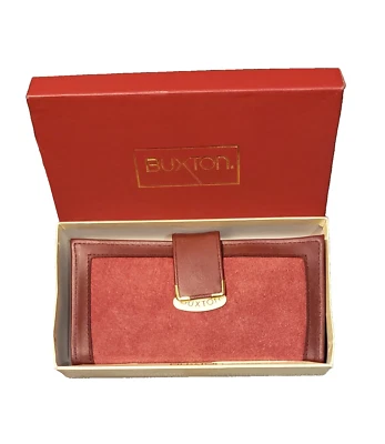 CARTERA CLUTCH VINTAGE BUXTON DE GAMUZA Y CUERO GRANATE ~ NUEVA ~ STOCK ANTIGUO Foto 1 de 4