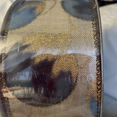 5 yds. BLUE & GOLD CHRISTMAS ORNAMENTS WIRE EDGE RIBBON  2 1/2" wide 15 Feet - Image 1 of 4