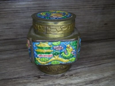 Brass incense container with cloisonne dragon design around the edge         Z52 Foto 1 de 4
