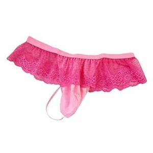 Men's Frilly Lace Trim Sissy Skirted Panties T-back G-string One Size Hot Pink - Picture 1 of 5