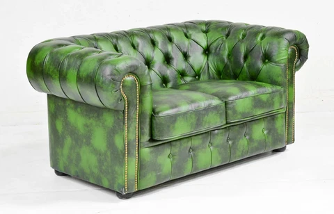 Loveseat, Chesterfield, British Green Bonded Leather,Tufted, Nail Head, Sofa Cover