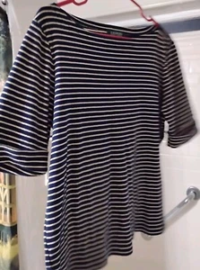 Lauren Ralph Lauren Womens Top XL Navy Blue Metallic Gold Knit Stripe 1/2 sleeve - Picture 1 of 3