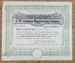 Stock Certificate New Glasgow Nova Scotia Canada Cumming Manufacturing - Picture 1 of 1