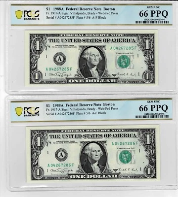 1988A $1 (2 CONSEC.) FRN 'WEB' Notes-fr.1917-A (AF 5/6) -PCGS  GEM UNC 66 PPQ - Image 1 of 4