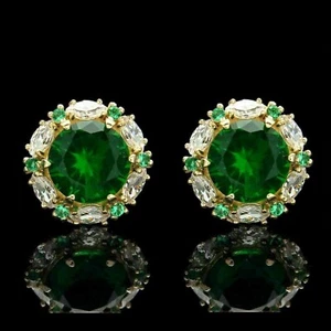 Orecchino a perno smeraldo verde creato in laboratorio taglio tondo 3 ct placcato oro giallo 14 kt - Foto 1 di 5