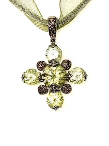 Sterling Silver Green Peridot Ornate Celtic Cross Ribbon Choker Necklace VTG - Picture 1 of 5