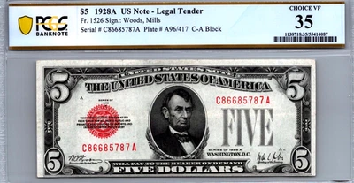 $5 1928-A Legal Tender "FANCY SERIAL C86685787A"  PCGS 35 CVF Fr. 1526 - Image 1 of 3