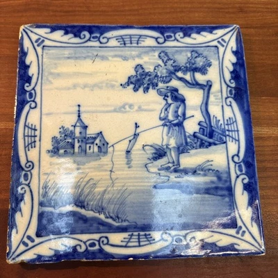 Vintage Delft Blue & White Hand Painted Glazed 5”Ceramic Tile Man Fishing River - Image 1 of 4