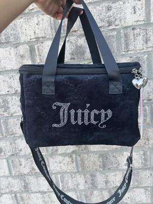 Bolso de almuerzo Juicy Couture negro de terciopelo con logotipo de estrás aislado nuevo con etiquetas Foto 1 de 4
