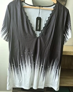 NWT XL Noracora Top Shirt Blouse Black White Crochet Neck Detail Lightweight - Picture 1 of 3