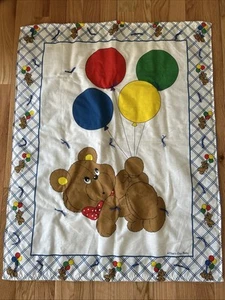 That’s Our Baby Quilted Crib Blanket Bear Balloons Primary Color 1980s Vintage - Picture 1 of 10