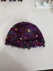 Vintage bunte Häkel Perlen 100% Seide Hut aus Nepal Neu ohne Etikett - Bild 1 von 8