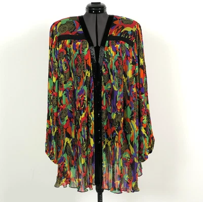 NOVO! Cardigã antigo Diane Freis ousado colorido abstrato lantejoulas aberto transparente XXL NOS - Imagem 1 de 4