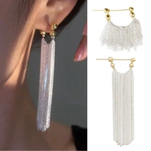 Silver Sparkling Long Tassel Earrings Chain Drop Dangle Earring Ear Hook Jewelry - Picture 1 of 21