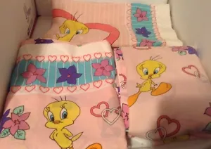 Looney Tunes 3 Pc.Twin Pillowcase, Flat & Fitted Sheet Pink Tweedy Bird Vintage - Picture 1 of 3