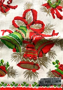 NEW Vintage PARISIAN PRINT Pure LINEN Christmas Tea Towel Bells Wreath Ribbon AI - Picture 1 of 7