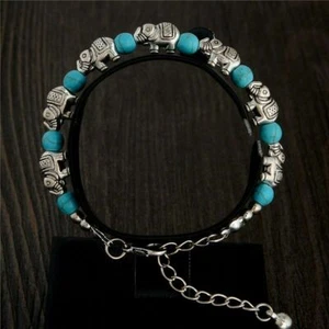 Turquoise Stone Silver Elephant Spirit Animal Bangle Bracelet + Free Gift Bag - Picture 1 of 7