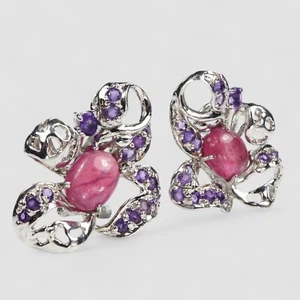 Invaluable Blood Red Ruby Cabochon 925 Sterling Silver White Gold Plated Earring - Picture 1 of 9