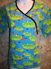Frogs lily pads blue green mock wrap pullover vneck scrub top nurse medical XS