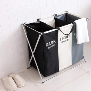 Foldable Laundry Basket Three Grid Hamper Dirty Clothes Storage Home Organizer - Picture 1 of 5