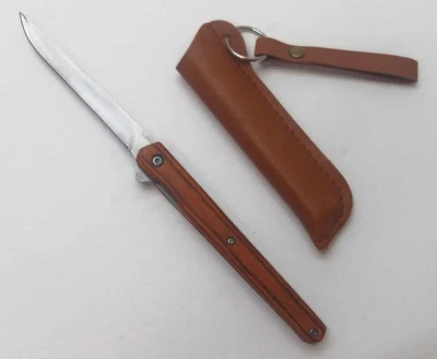 Cuchillo de Bolsillo Hoja Punto Caída Marrón Asas de Madera Dura Estuche de Llavero de Cuero Foto 1 de 4