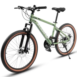 24" Mountain Bike for Teens, Steel Frame&Brown Edge Tires Commute Bicycle-Green - Picture 1 of 7