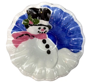 Plato cuenco de vidrio arte fundido hecho a mano muñeco de nieve vacaciones de Navidad de colección con borde con volantes - Imagen 1 de 7