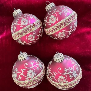 VTG Ornaments Victorian Floral Glass Glitter Wine w/Gold Ribbon 4 Set_No Box - Picture 1 of 12