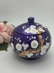 Vintage Purple Lacquered Trinket Box Decor Hand Painted Cherry Blossoms With Lid - Bild 1 von 11