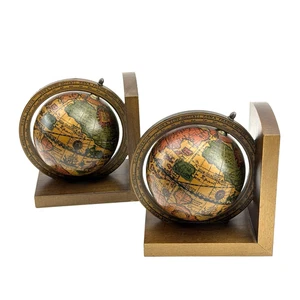 2x Buchstützen aus Holz | Globus Motiv | Deko Vintage 70er Jahre Italien 17 cm - Picture 1 of 15