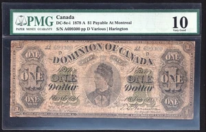 Canada 1878 $1 Banknote Payable At Montreal DC-8e-i PMG Graded Very Good VF-10 - Picture 1 of 2