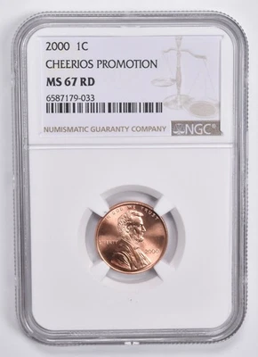 Centavo conmemorativo Lincoln MS67 RD 2000 promoción Cheerio 1C NGC marrón Lbl *8259 Foto 1 de 4