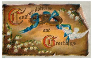 Early 1900s Congratulations Postcard Blue Ribbon Rings Dove Lily Vintage - Picture 1 of 2